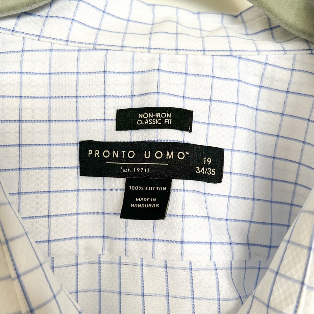 Pronto Uomo Men’s Button Down Long Sleeve Dress Shirt White Blue Plaid Stripe - Picture 4 of 4